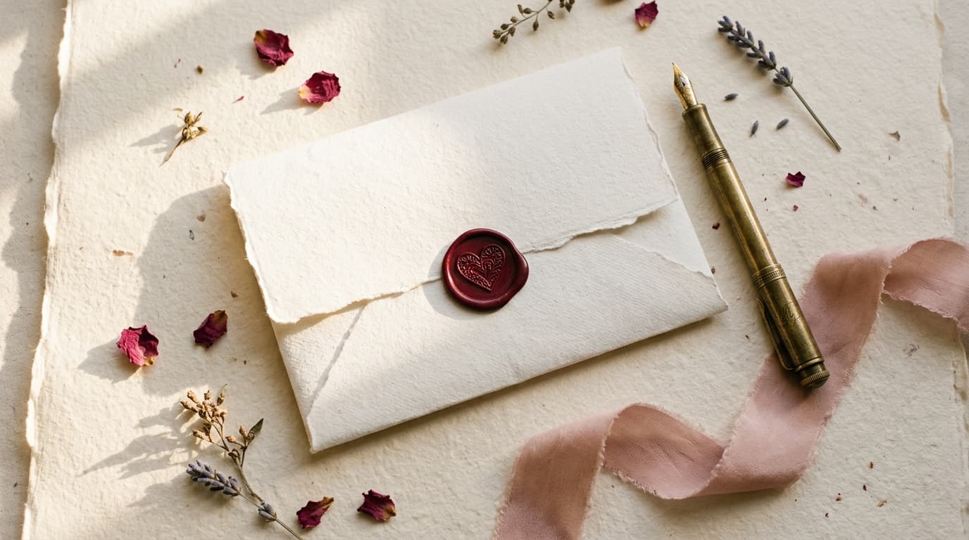 Private love letter stationery with wax seal, ribbon and fountain pen